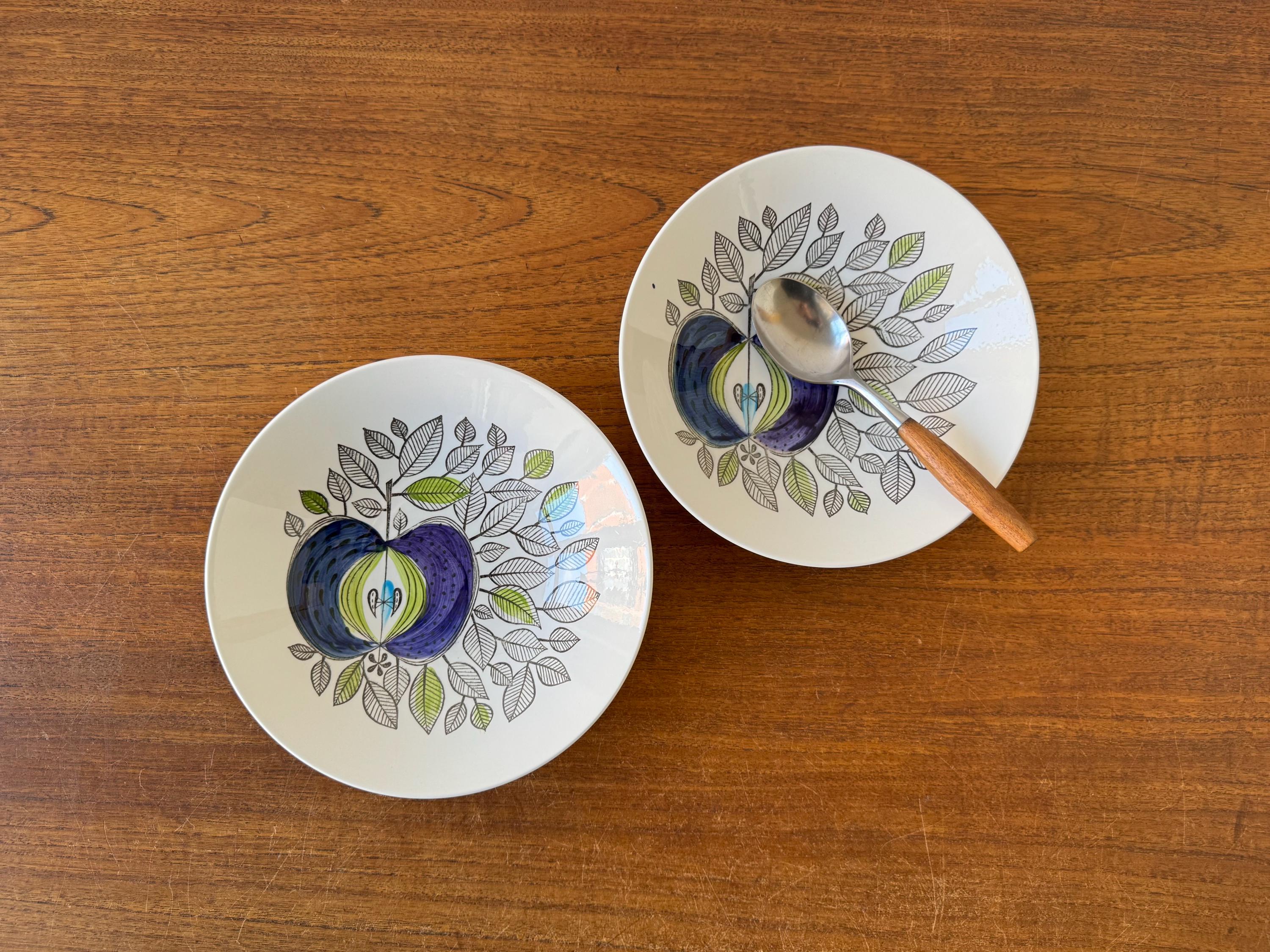 Set of 2! 1960s Original Rörstrand Sweden EDEN Soup Bowl Blue Apple  Motif Sigrid Richter Scandinavian Mid-century Tableware Design