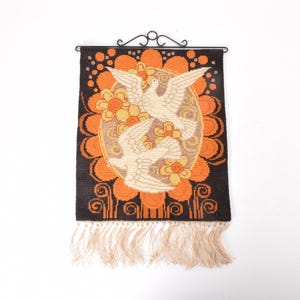 Vintage Scandinavian - Embroidered Wall Decor - Two Turtle Doves with Flowers - Brown and Orange - Traditional Swedish Needlework - ca 1970s