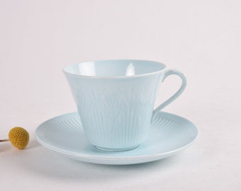 Rare! Rörstrand Sweden - LINNEA Tea Cup & Saucer - Baby Blue - Flower and Stripes - Hertha Bengtson - Scandinavian Mid-century Design 1960s