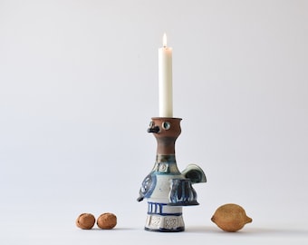 Danish Art Pottery - Bird Shaped Candle Holder - Scandinavian Mid-century Studio Ceramic - Blue / White / Brown - Signed - 1970s