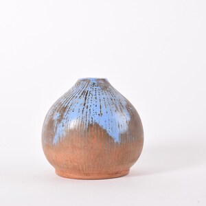 以下が含まれることがあります： 丸みを帯びたボディと細い首を持つ手作りのセラミック花瓶。 花瓶は、茶色、青、ベージュのカラーパレットを持つテクスチャード加工された表面が特徴です。 青色は上部に集中し、茶色とベージュの色合いが花瓶の残りの部分を覆っています。