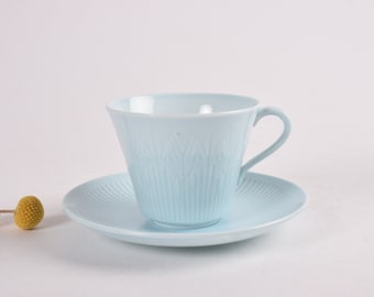 Rare! Rörstrand Sweden - LINNEA Tea Cup & Saucer - Baby Blue - Flower and Stripes - Hertha Bengtson - Scandinavian Mid-century Design 1960s