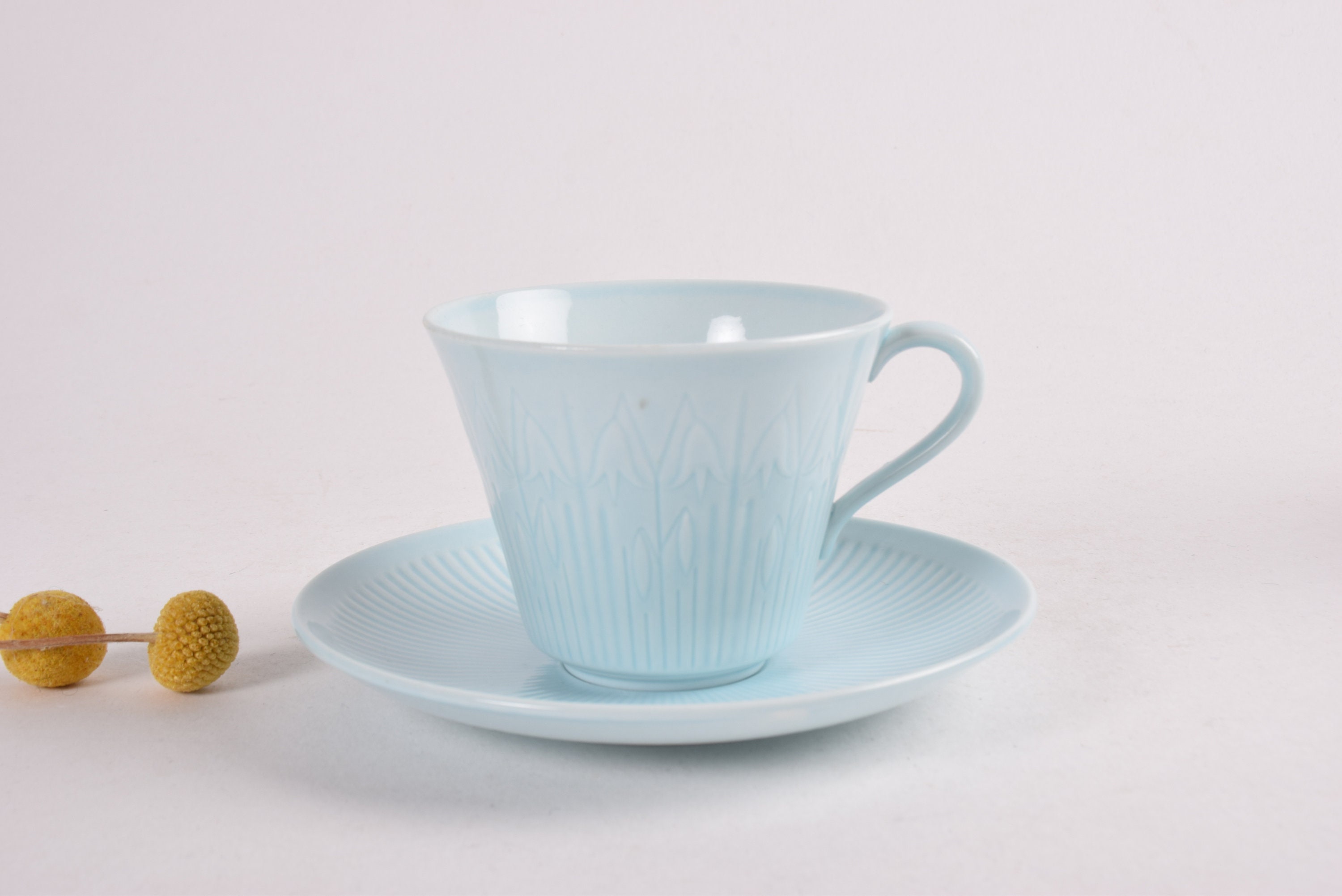 Rare! Rörstrand Sweden - LINNEA Tea Cup & Saucer - Baby Blue - Flower and Stripes - Hertha Bengtson - Scandinavian Mid-century Design 1960s