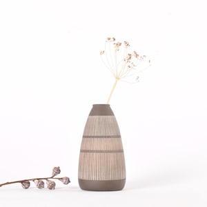 May include: A brown ceramic vase with vertical and horizontal striped detailing. The vase contains a dried flower arrangement. A branch with small seed pods is in the foreground. The vase is on a white background.