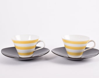 Set of 2! Rörstrand Sweden - SIAM Tea / Coffee Cup & Saucer - Marianne Westman Attr - White Yellow Stripes - Scandinavian Mid-century Design