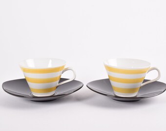 Set of 2! Rörstrand Sweden - SIAM Tea / Coffee Cup & Saucer - Marianne Westman Attr - White Yellow Stripes - Scandinavian Mid-century Design