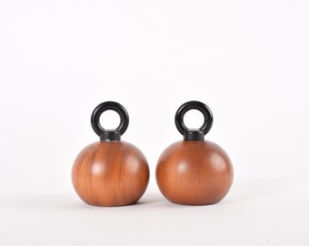Bodum Nissen Salt & Pepper Mill Set - Teak Wood - Ball Shaped with Handle - Danish Scandinavian Kitchen Design 1980s