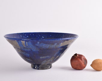 Scandinavian Art Pottery Norway - Large Bowl - Cobalt Blue and Golden Glaze by Eli Solgaard & Helge Grønli - Høvåg - Expressionist - 1970s