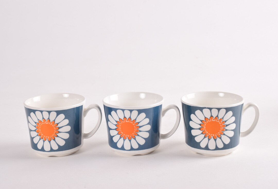 Set of 3 Figgjo Flint Norway Turi Design DAISY Coffee Cup Flower Decor Scandinavian Midcentury