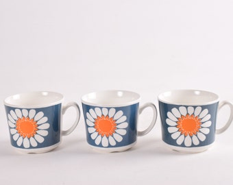 3er Set! Figgjo Flint Norwegen - Turi design - DAISY Kaffeetasse - Blumen Dekor - Skandinavisches Geschirr 1960er Geschirr