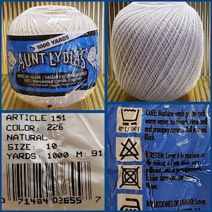 Cotton Yarn 1000 Yards Aunt Lydia&#39;s 100% Mercerized Cotton Crochet Size 10 Natural New