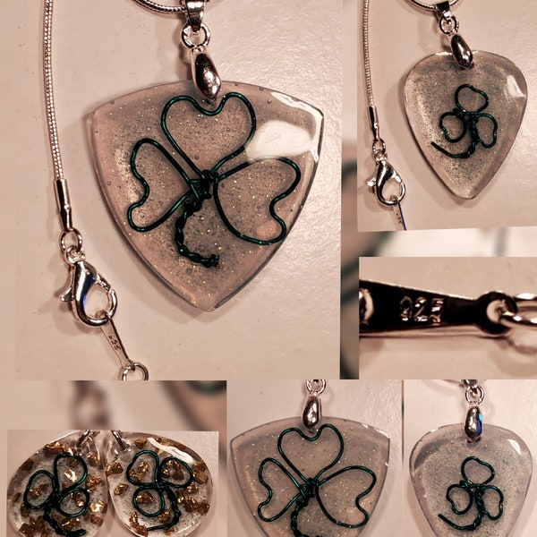 Handmade Irish 3 Leaf Clover One of a Kind Resin Sparkle Pendant Guitar Pick Sterling Silver(925) Necklace