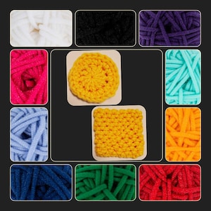 May include: A collection of yarn samples in various colors and textures, including white, black, purple, turquoise, pink, light blue, dark blue, green, orange, and yellow. The yarn is arranged in a grid pattern.