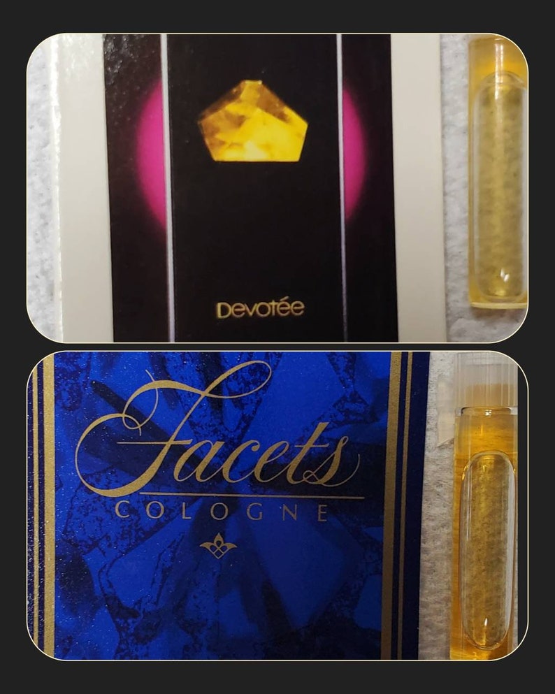 May include: Two small perfume bottles with gold caps. The bottles are filled with a clear liquid. The bottles are on a white background. The bottle on the left is labeled "Facets Cologne". The bottle on the right is labeled "Devotee".