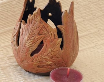 Candle Holder Hand Painted Fall Leaf Ceramic New with Tealight