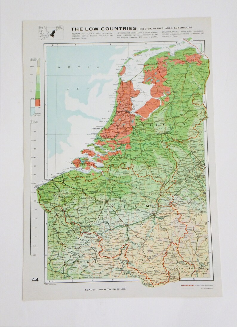 Vintage Low Countries Map Large Map of Netherlands Belgium  Etsy