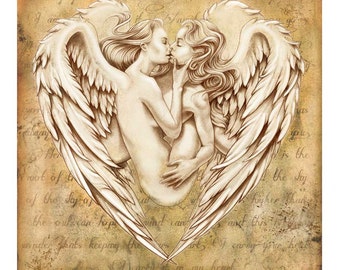 Lesbian love poem art print of two Angels in the shape of a heart