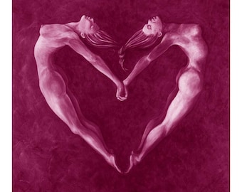 Pink purple  or red lesbian art print of two women in the shape of a heart