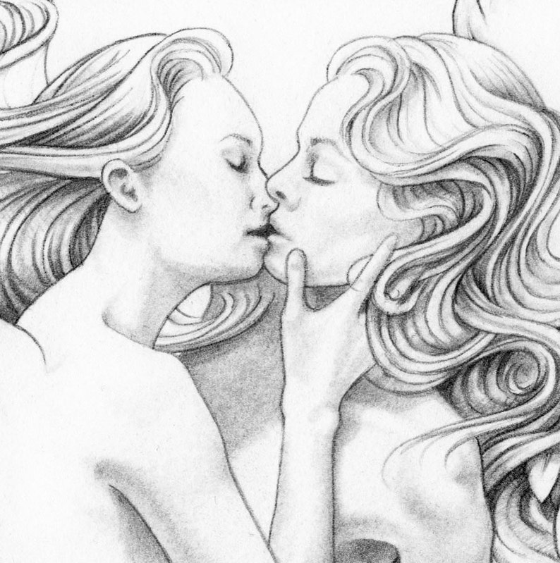 Angels kissing in heart - romantic print of erotic lesbian drawing.