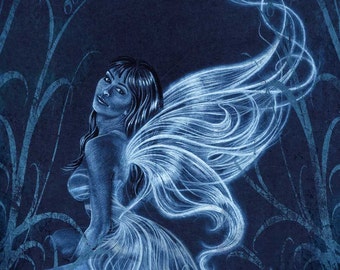 Figure drawing, blue fairy art print mated to fit  8 x 10 frame