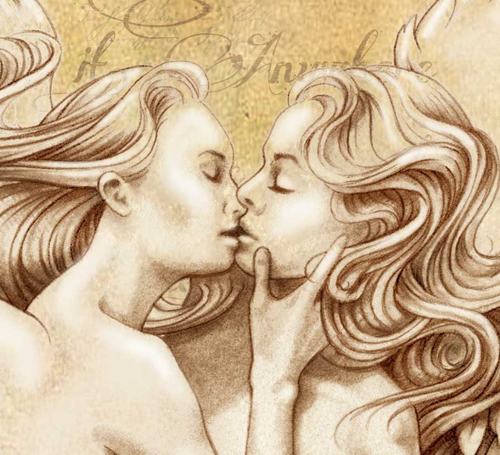 Love poem lesbian art print of two Angels in the shape of a image 0.