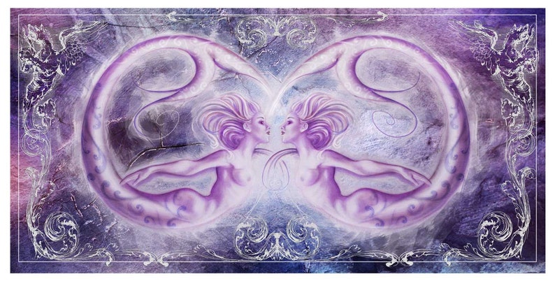 Sirènes nues imprimé dart fantastique giclee rose violet image 1
