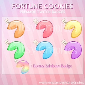 May include: Set of six fortune cookie Twitch badges in various colors, including orange, pink, yellow, green, blue, and purple. The badges feature a white label with the word "Lud" on each. A bonus rainbow fortune cookie badge is also included.