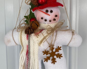 Christmas hand Sewn Snowman Ornament - 10" tall & 7" wide