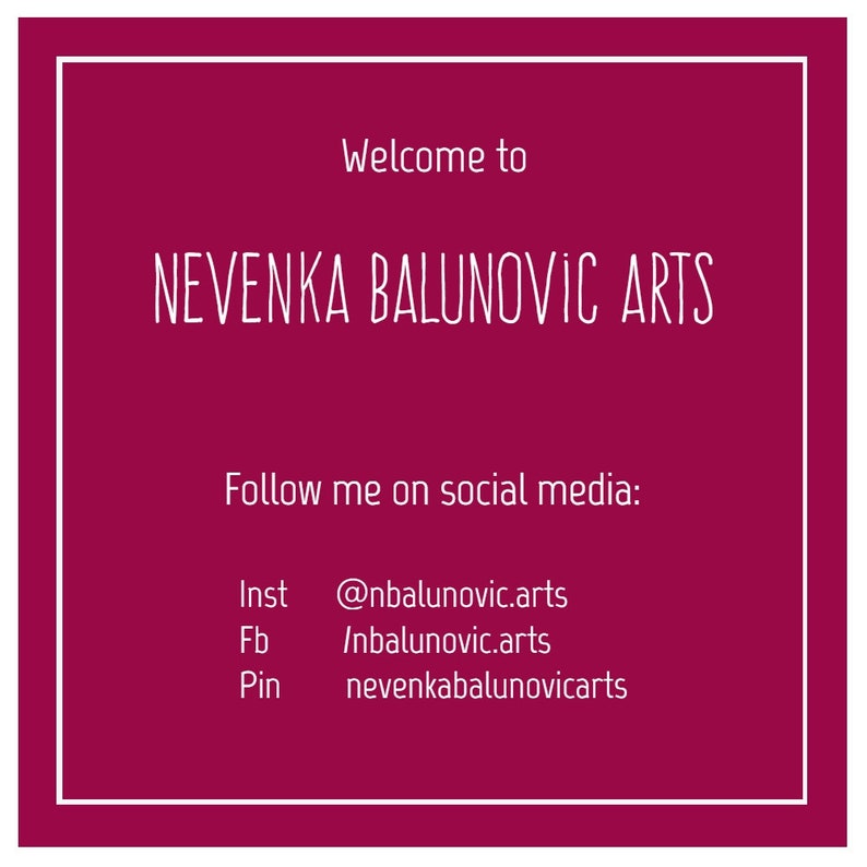 May include: A pink and white graphic with the text "Welcome to NEVENKA BALUNOVIC ARTS" and social media handles for Instagram, Facebook, and Pinterest.