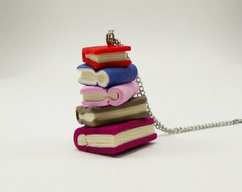 Tiny book necklace, Stacked books necklace, Colorful tiny book, Book lover gift, Pile of books pendant, Boho necklace