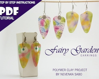 Polymer clay tutorial, Step by step e-book, PDF tutorial, , Fairy garden, Colorful earrings, Best seller,  DIY craft idea, Diy earrings
