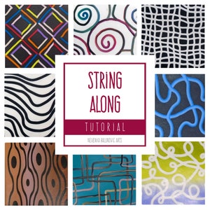 Puede incluir: Un collage de diseños coloridos de arte de cuerda, que incluyen patrones geométricos, espirales y líneas. El título "String Along Tutorial" se muestra en el centro de la imagen.