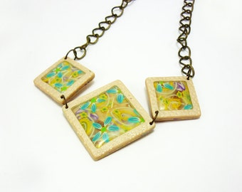 Square art necklace, Elegant necklace, Polymer clay necklace, Brass chain necklace, Handmade art jewelry, Colorful necklace, Gift for her