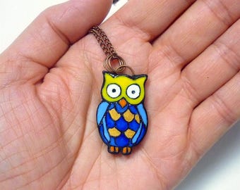 Blue owl necklace, Polymer clay pendant, Cute gift for her, Colorful owl pendant, Kitsch jewellery, Feminine necklace