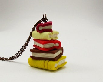 Tiny book necklace, Stacked books necklace, Colorful tiny book, Book lover gift, Pile of books pendant, Boho necklace