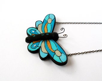 Blue butterfly necklace, Statement necklace, Artisan jewelry, Butterfly bib necklace, Insect pendant