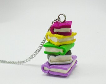 Tiny book necklace, Stacked books necklace, Colorful tiny book, Book lover gift, Pile of books pendant, Boho necklace
