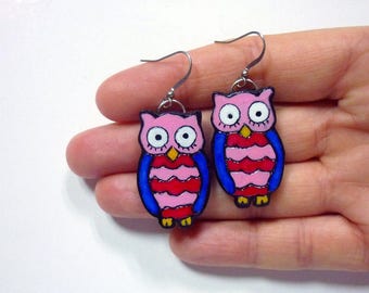 Pink Owl earrings, Dangle earrings, Cute owl jewelry, Bohemian earrings, Kitsch jewellery, Everyday jewelry, Unique gift for her