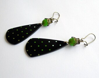 Polka dot earrings, Teardrop earrings, Romantic jewellery, Best gifts for her, Green polka dots, Retro jewelry, Dangle drop earrings