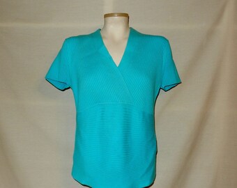 Sz L XL Cotton / Nylon Knit Top Pullover Sweater - Turquoise -  Surplice - Empire Waist - August Silk - Casual or Wear to Work