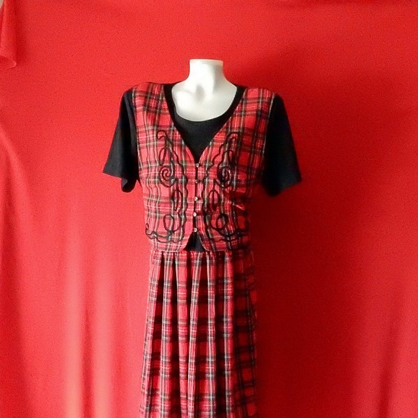 Sz 18W Red Plaid Dress - Studio C II - Plus Size - Faux Vest - Short Sleeve - Modest Long - Wear to Work Office