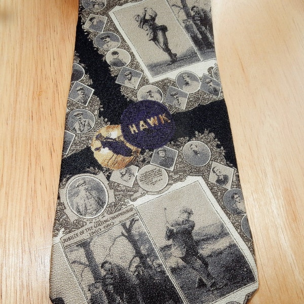 Silk Golf Tie - Old Fashioned Golf Pictures - Black & White w Sepia - Hawk - Made in USA