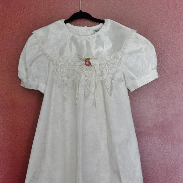 Sz 5 Rose Cottage Dress - Jacquard - Lace Trim Collar - White on White - Made in USA
