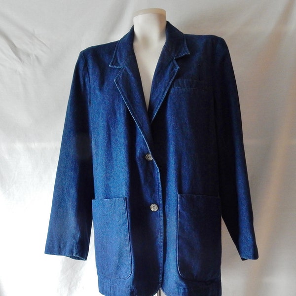 Sz S M Denim Blazer Jacket - Vintage 80s Ruff Hewn - Cotton Jean Dugaree - Casual Friday