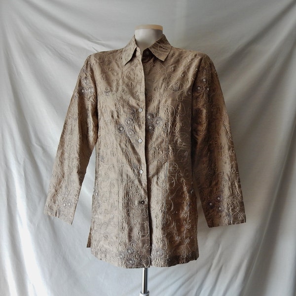 Sz 8 10 Gold Tunic Blouse Top w Pearls & Embroidery Chico's Size 1 - Button Down Shirt Top Wear to Work or Casual