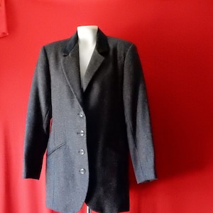 Sz M Tweed Tunic Equestrian Blazer - Wool Jacket -Gray w Blue Suede Collar - Size 8 10