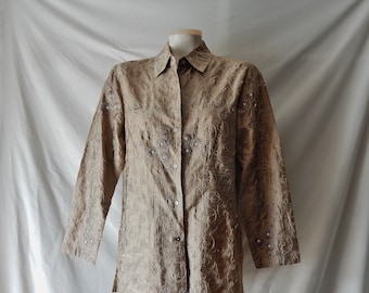 Sz 8 10 Gold Tunic Blouse Top w Pearls & Embroidery Chico's Size 1 - Button Down Shirt Top Wear to Work or Casual
