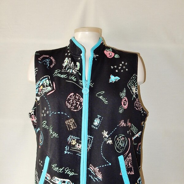 Sz 12 14 Reversible Travel Theme Quilted Vest - Turquoise Aqua Blue on Reverse - Size L XL