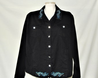 Sz XL 12 14 Negro Denim Rhinestone Show Chaqueta - Bling - PFI Modas - 1970s 1980s Vintage -