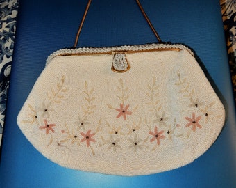 Bolso de cuentas francés hecho a mano - 1930s - 1940s Vintage - Bolso - Bolso - White Floral w Pink & Beige - Made in France
